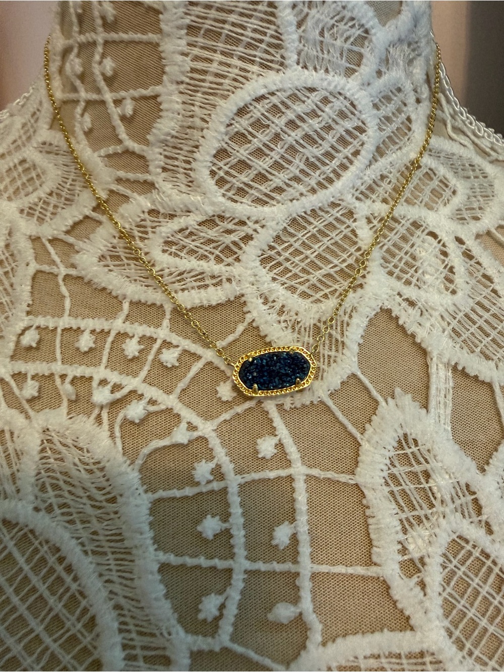 Kendra Scott Gold Necklace with Navy Blue Druzy Pendant